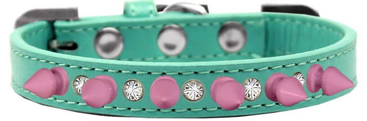 Crystal and Light Pink Spikes Dog Collar Aqua Size 16